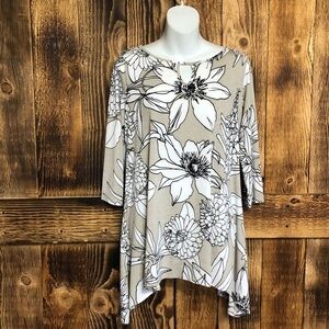 Clara Sun Woo Floral Print Keyhole Cutout 3/4 Sleeve Tunic Top Sz S